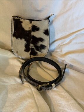 Cowhide Crossbody Bag with Leather Tooled Belt - Black & White